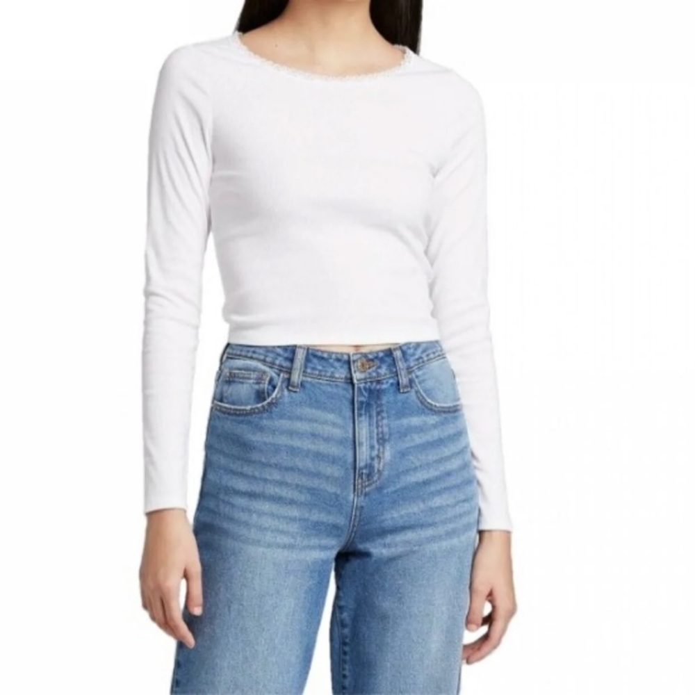 Wild Fable Lace Trim Long Sleeve Crop Fresh White
